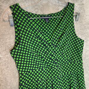 Lands End Women Polka Dot Fit‎ Flare Dress S Quirky Retro Mod Classic Surplice